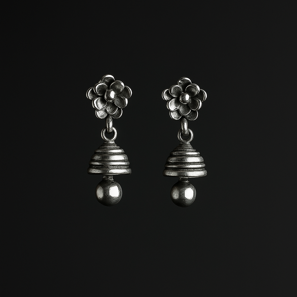 Oxidized Silver Jhumka – Traditional 925 Fine Silver Drop Earrings