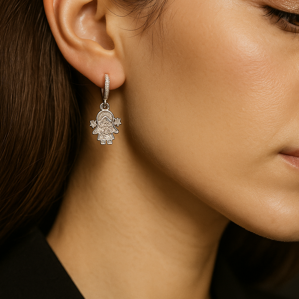 Close-up of a woman wearing a silver earring with a decorative design.