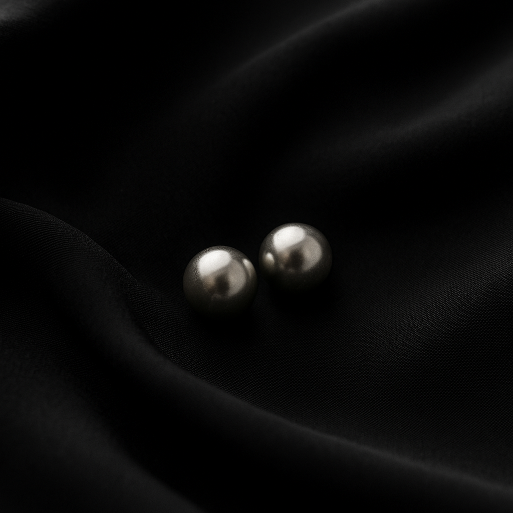 Pair of silver earrings on black satin fabric