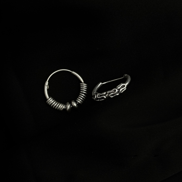 Asymmetrical Traditional Bali Hoop Earrings – Oxidized 925 Fine Silver Ethnic