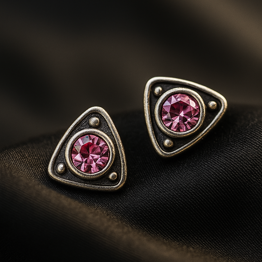 Pair of triangular earrings with pink gemstones on a dark fabric background