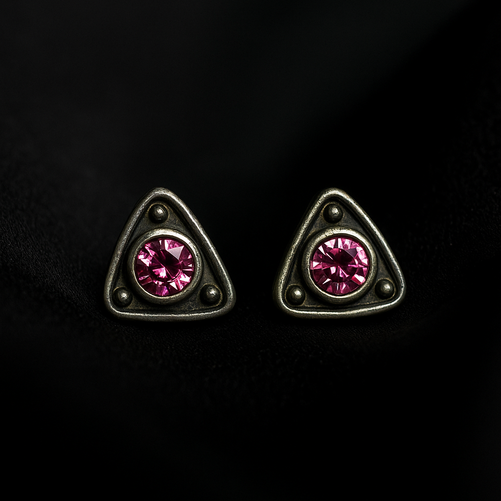 Triangular earrings with pink gemstones on a black background