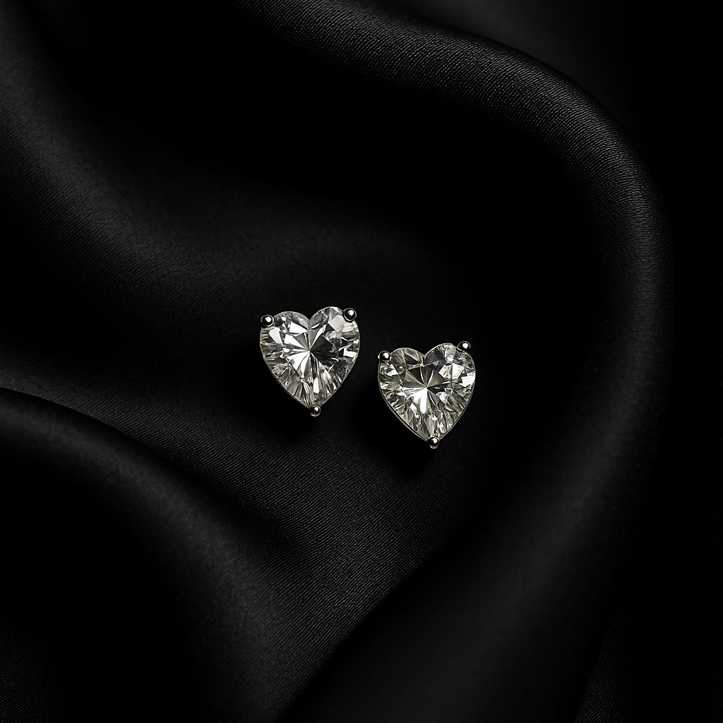 Heart-shaped diamond earrings on black fabric