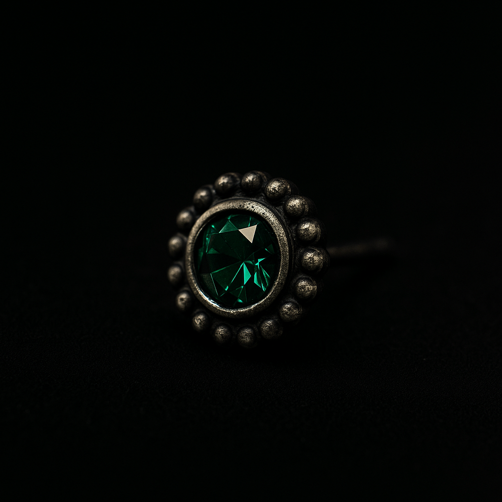 Ring with green gemstone and black stones on a black background