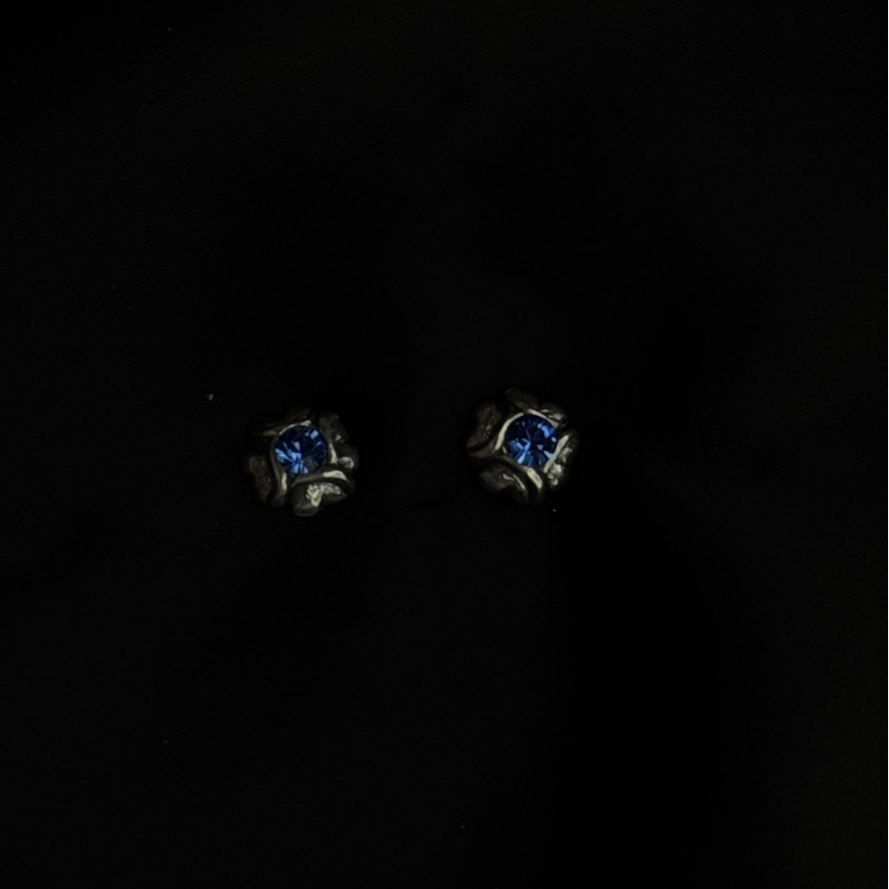 Pair of earrings with blue gemstones on a black background